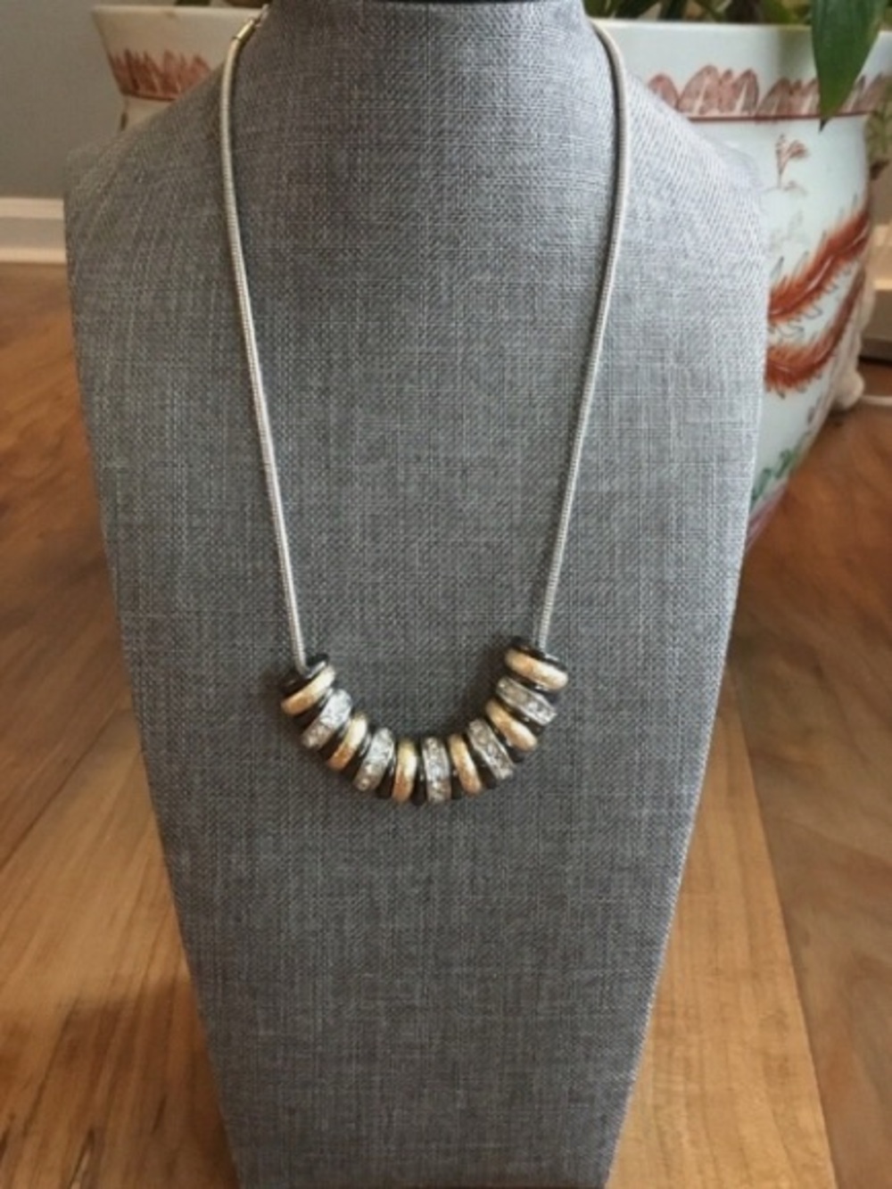 Signed Monet Silver Tone Snake Chain
Necklace With Disc Beads.